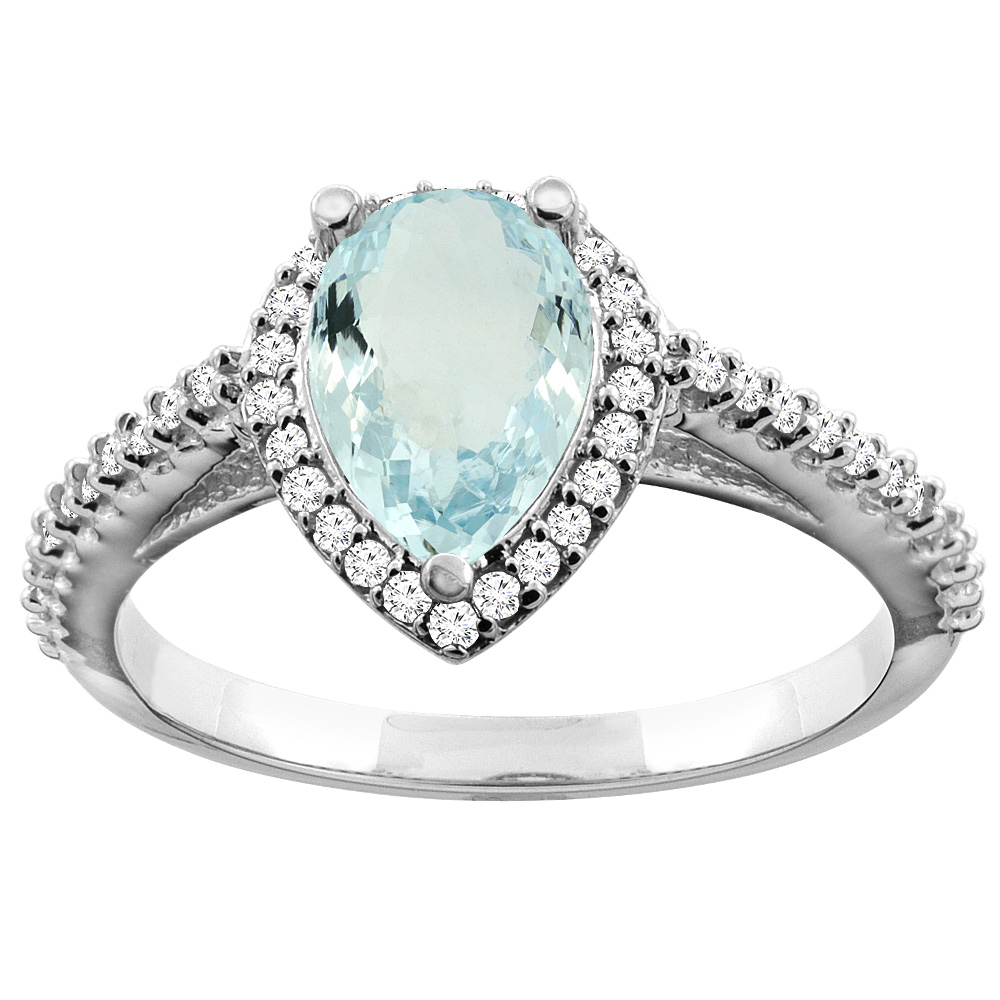 10K White Gold Natural Aquamarine Ring Pear 9x7mm Diamond Accents, sizes 5 - 10