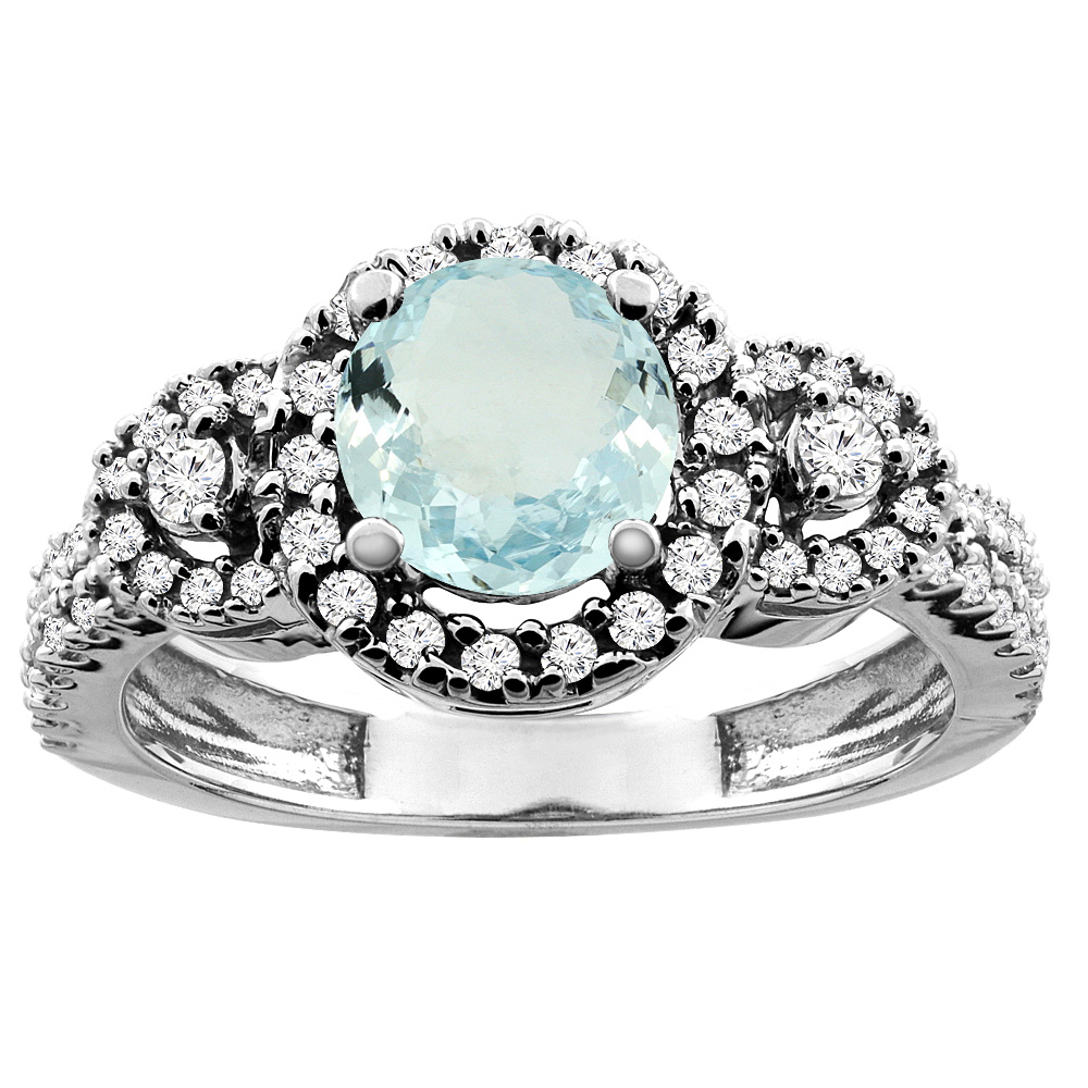 10K White/Yellow Gold Diamond Halo Natural Aquamarine Ring Round 6mm, sizes 5 - 10