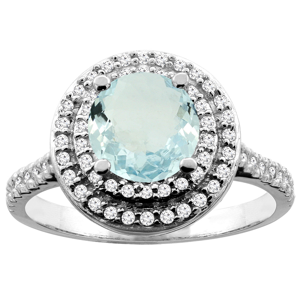 10K White/Yellow Gold Natural Aquamarine Double Halo Ring Round 7mm Diamond Accent, sizes 5 - 10