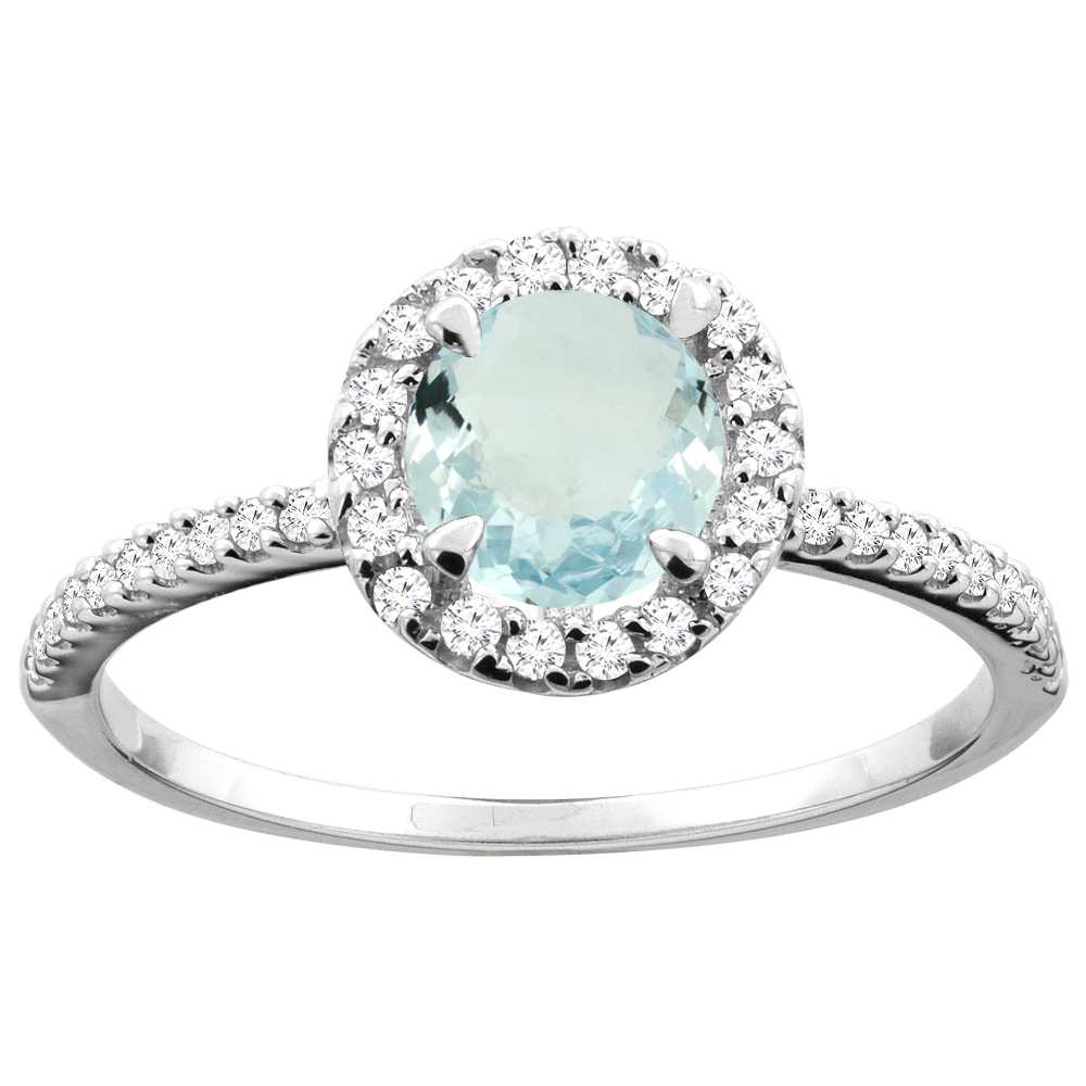 14K Gold Natural Aquamarine Ring Round 6mm Diamond Accents, sizes 5 - 10