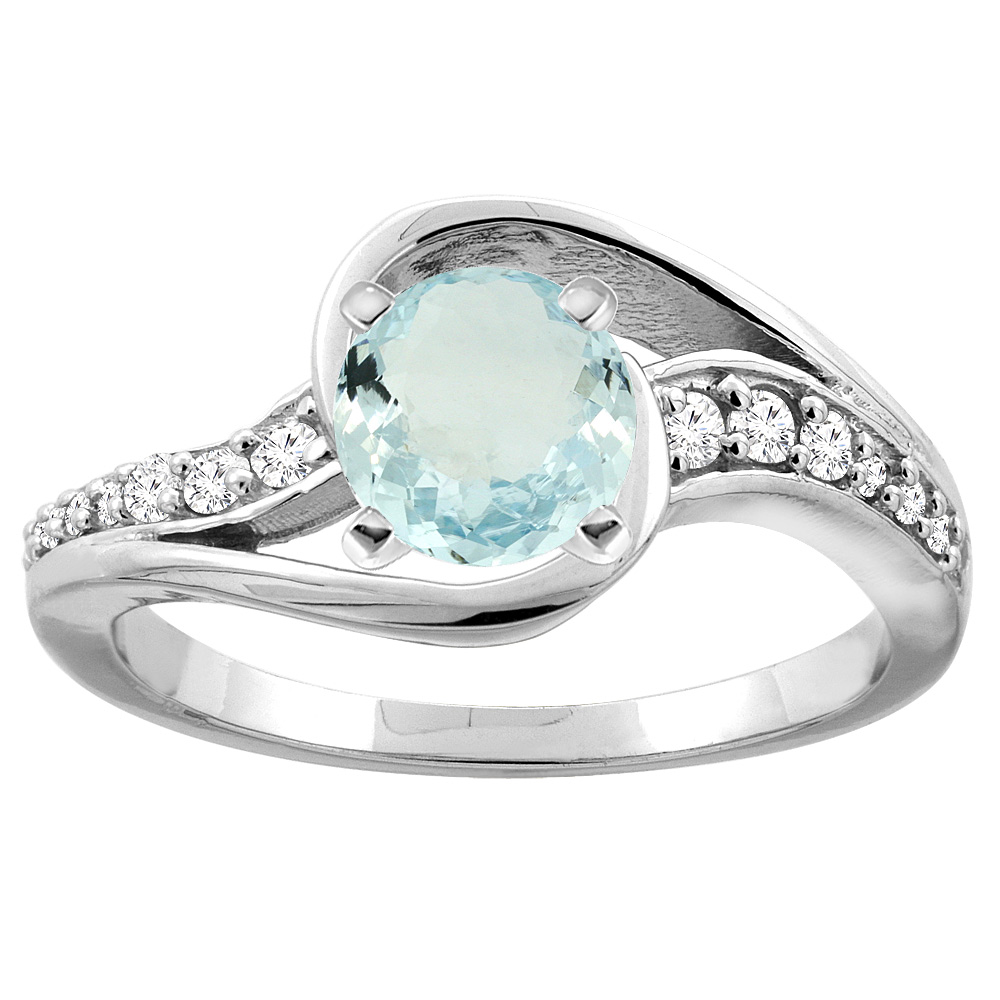 10K White/Yellow Gold Natural Aquamarine Bypass Ring Round 6mm Diamond Accent, sizes 5 - 10