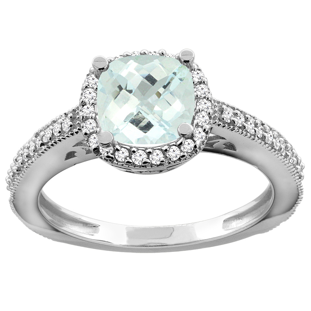 10K Yellow Gold Natural Aquamarine Engagement Ring Diamond Halo Cushion 7mm, sizes 5 - 10