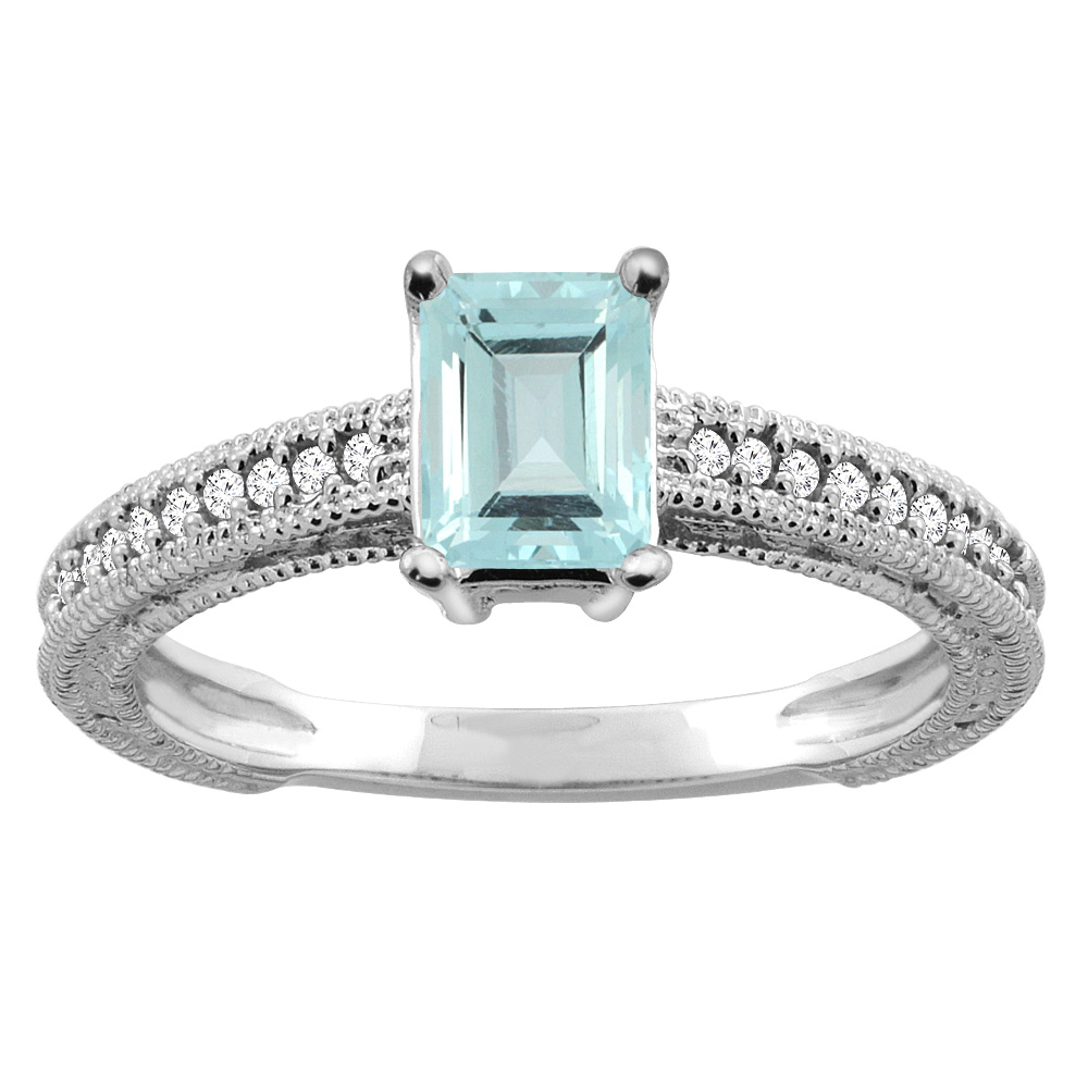 14K Gold Natural Aquamarine Engagement Ring Octagon 8x6mm Diamond Accents, sizes 5 - 10