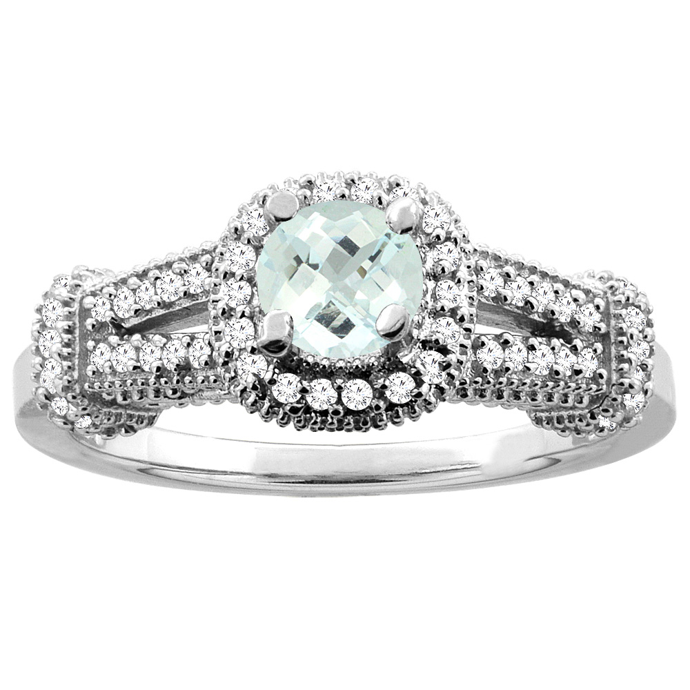 14K White Gold Natural Aquamarine Engagement Halo Ring Round 5mm Diamond Accents, sizes 5 - 10