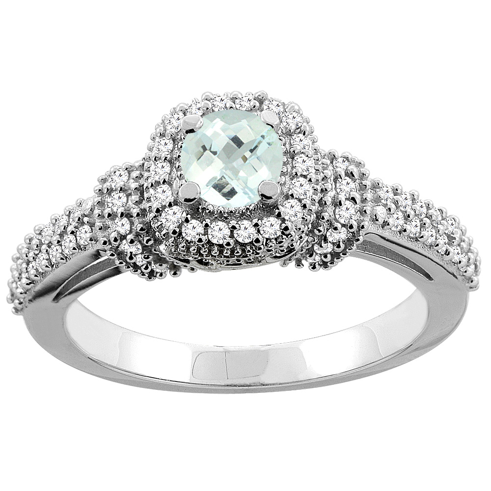 10K Gold Natural Aquamarine Engagement Halo Ring Round 5mm Diamond Accents, sizes 5 - 10