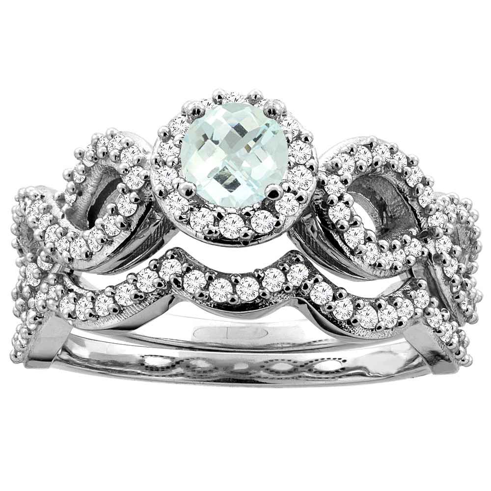 14K White Gold Natural Aquamarine Engagement Halo Ring Round 5mm Diamond 2-piece Accents, sizes 5 - 10