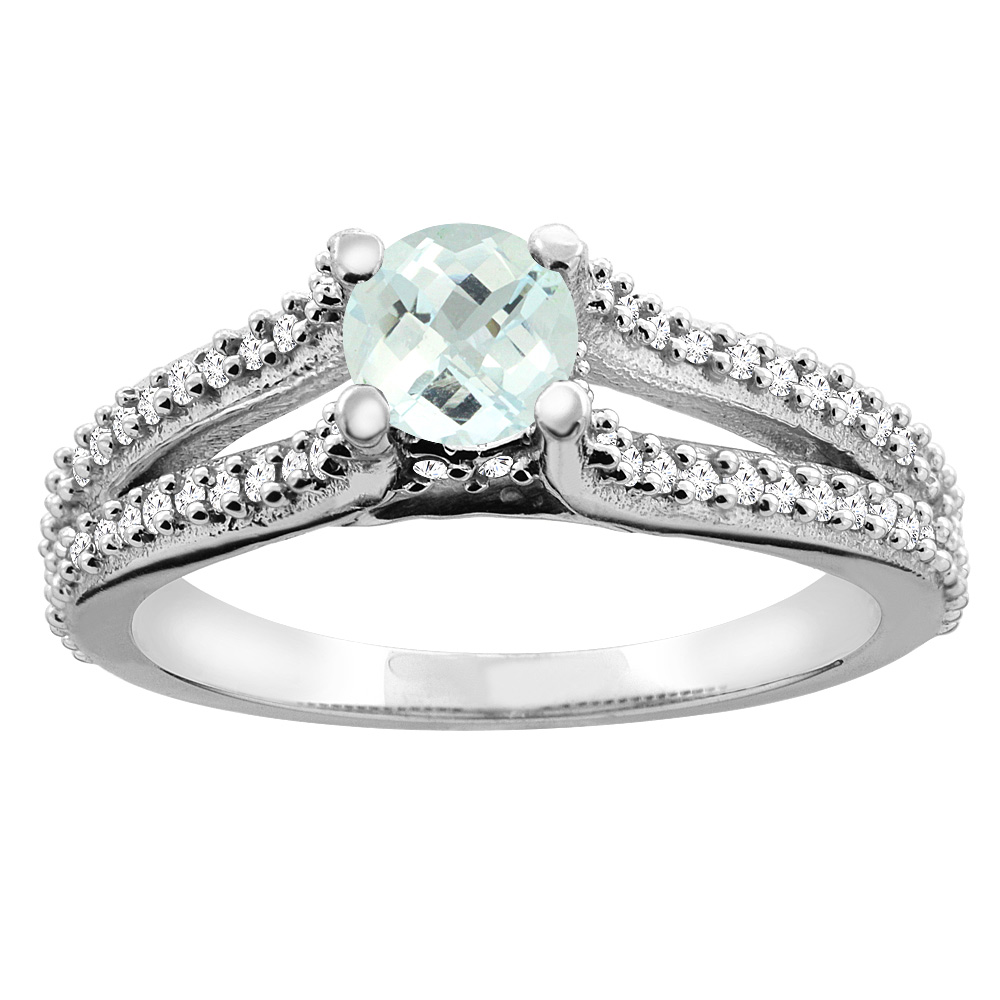 14K White Gold Natural Aquamarine Engagement Split Shank Ring Round 5mm Diamond Accents, sizes 5 - 10