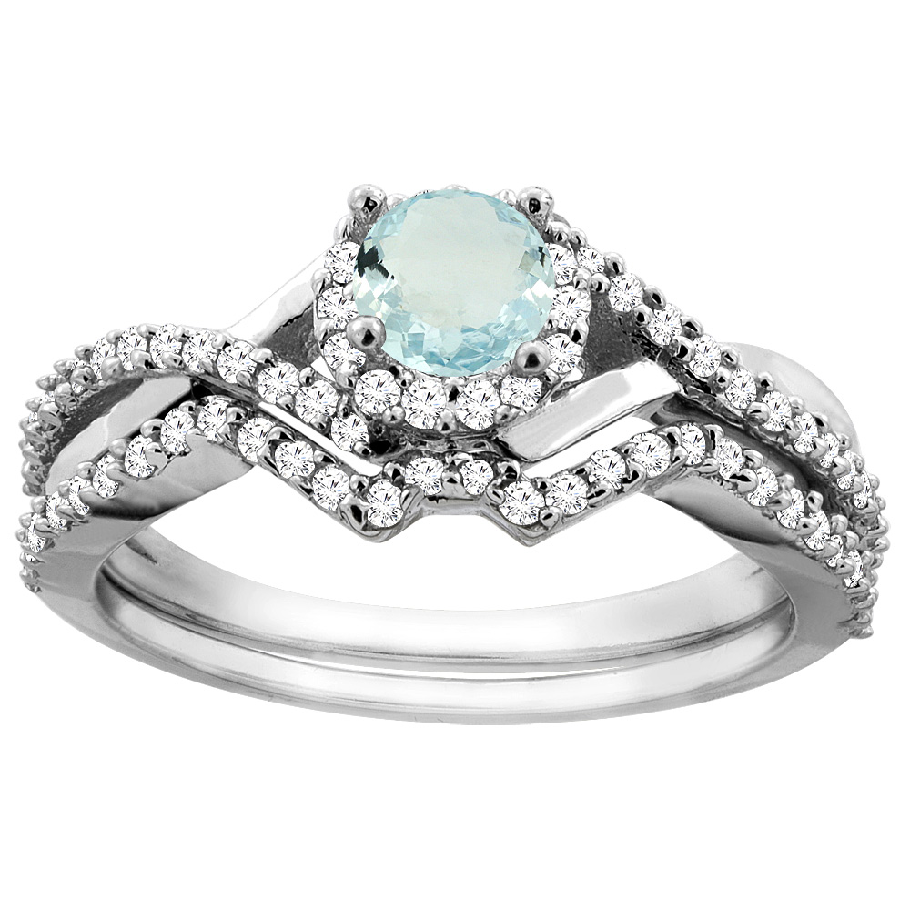 14K Gold Natural Aquamarine 2-piece Bridal Ring Set Round 5mm, sizes 5 - 10