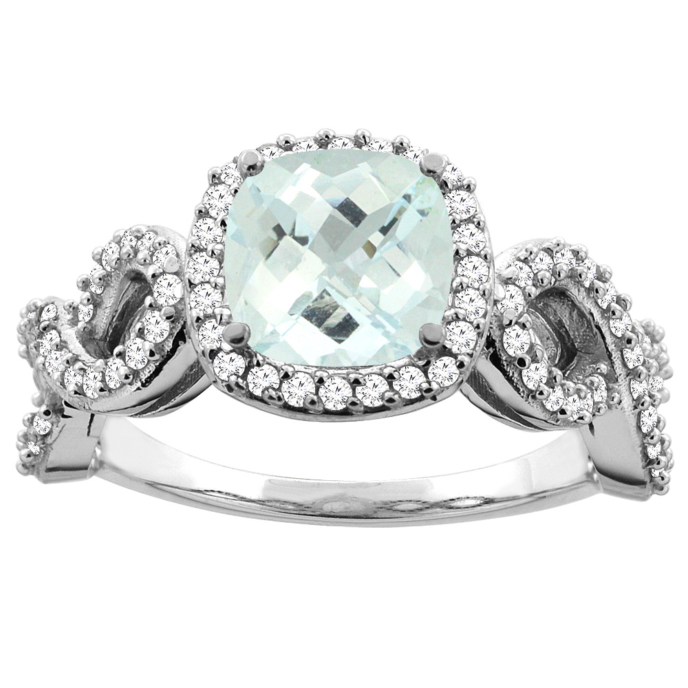 10K Gold Natural Aquamarine Engagement Ring Cushion 7mm Eternity Diamond Accents, sizes 5 - 10