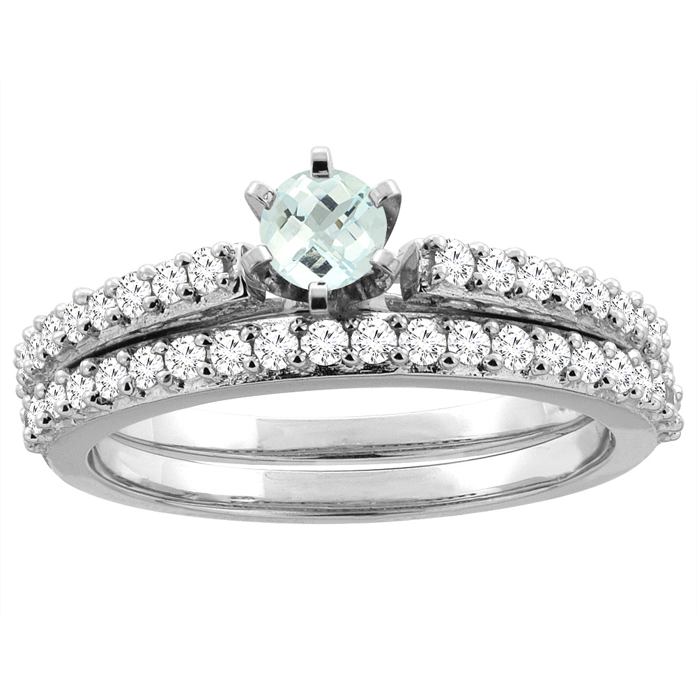 14K White Gold Natural Aquamarine 2-piece Bridal Ring Set Round 4mm, sizes 5 - 10