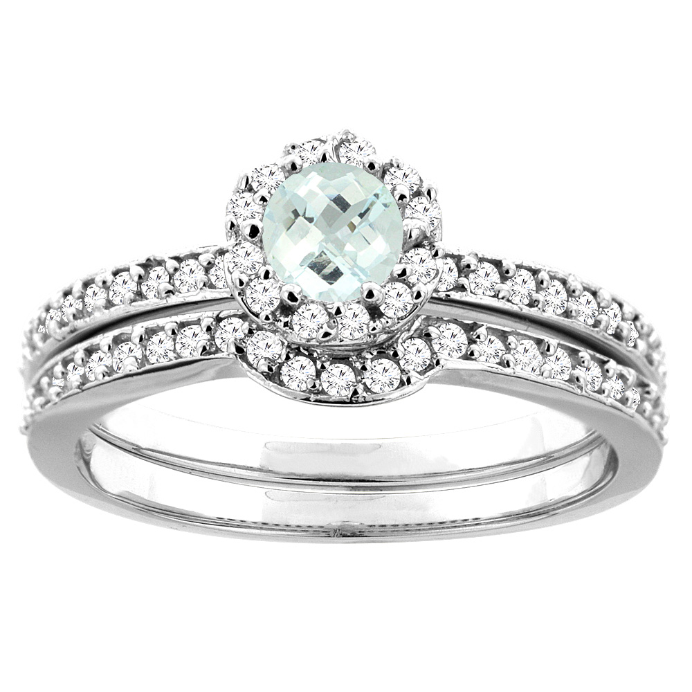 14K Yellow Gold Natural Aquamarine 2-pc Bridal Ring Set Diamond Accent Round 4mm, sizes 5 - 10