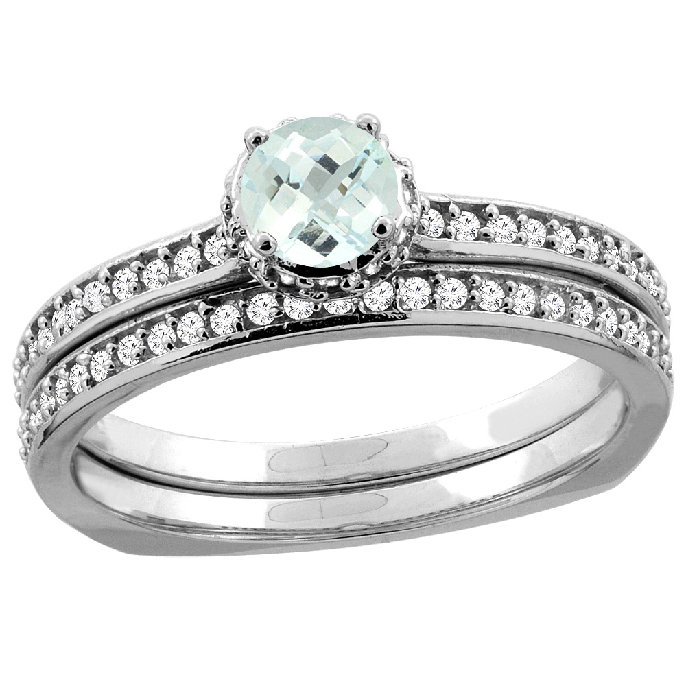 10K Yellow Gold Diamond Natural Aquamarine 2-pc Bridal Ring Set Round 4mm, sizes 5 - 10