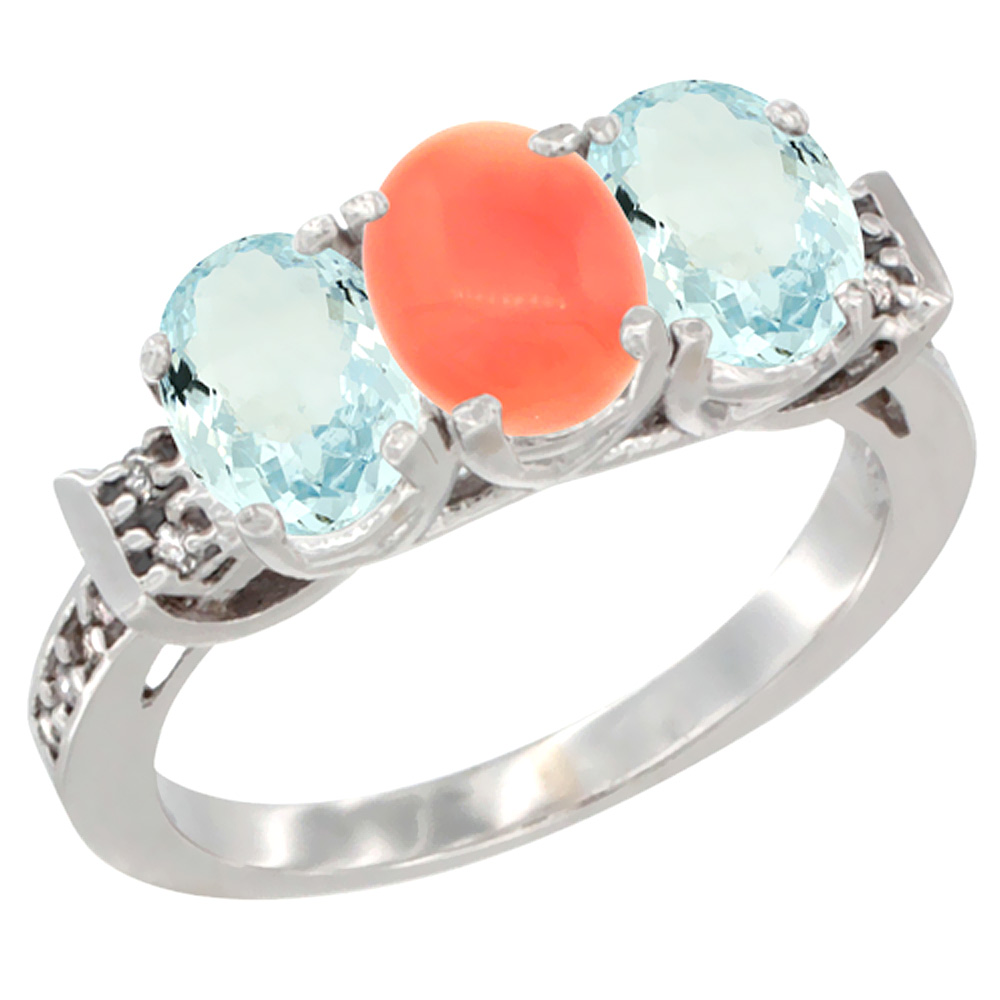 10K White Gold Natural Coral & Aquamarine Sides Ring 3-Stone Oval 7x5 mm Diamond Accent, sizes 5 - 10