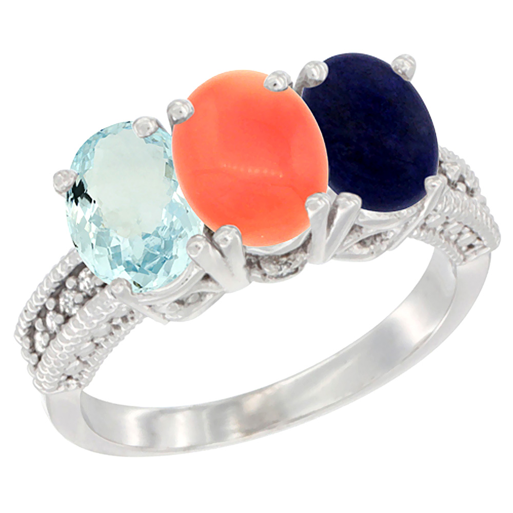 10K White Gold Natural Aquamarine, Coral &amp; Lapis Ring 3-Stone Oval 7x5 mm Diamond Accent, sizes 5 - 10