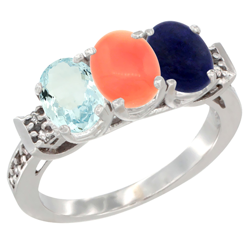 14K White Gold Natural Aquamarine, Coral &amp; Lapis Ring 3-Stone Oval 7x5 mm Diamond Accent, sizes 5 - 10