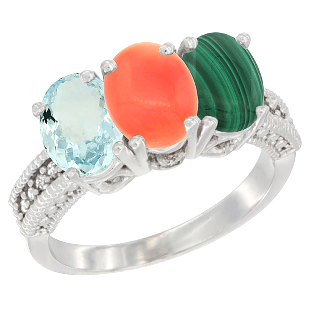 10K White Gold Natural Aquamarine, Coral &amp; Malachite Ring 3-Stone Oval 7x5 mm Diamond Accent, sizes 5 - 10