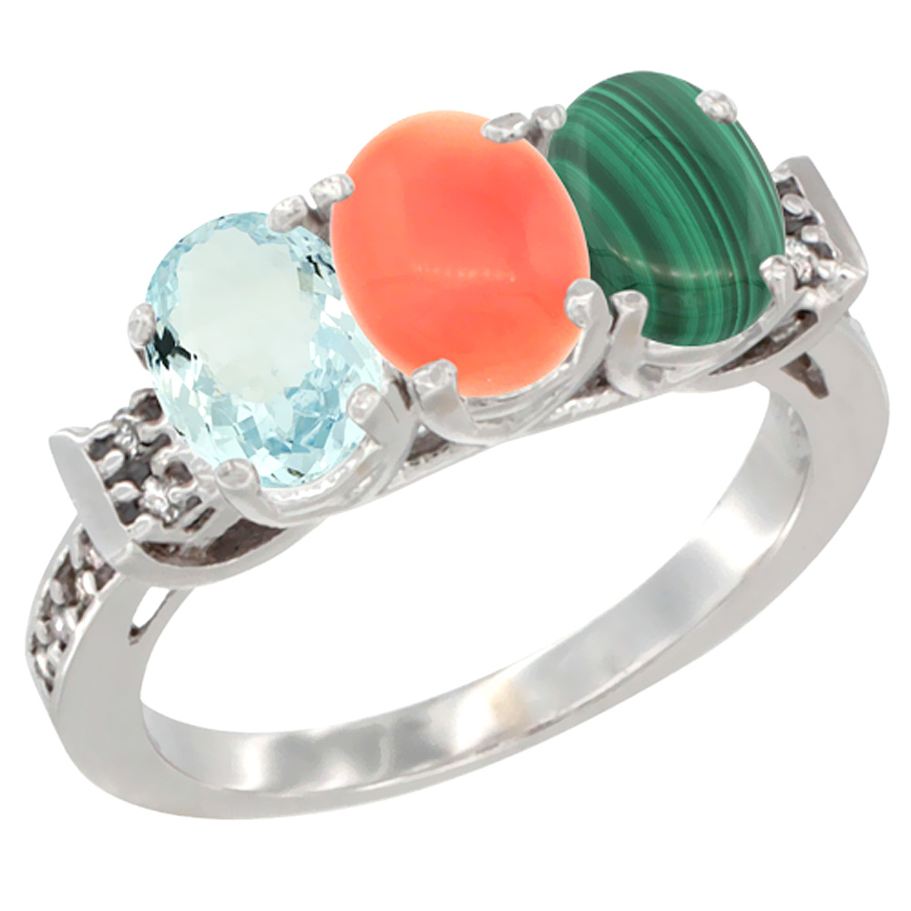 14K White Gold Natural Aquamarine, Coral & Malachite Ring 3-Stone Oval 7x5 mm Diamond Accent, sizes 5 - 10