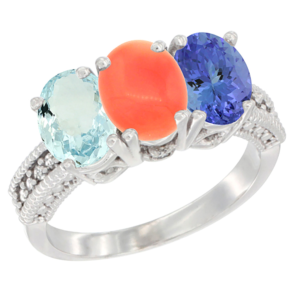 14K White Gold Natural Aquamarine, Coral &amp; Tanzanite Ring 3-Stone Oval 7x5 mm Diamond Accent, sizes 5 - 10