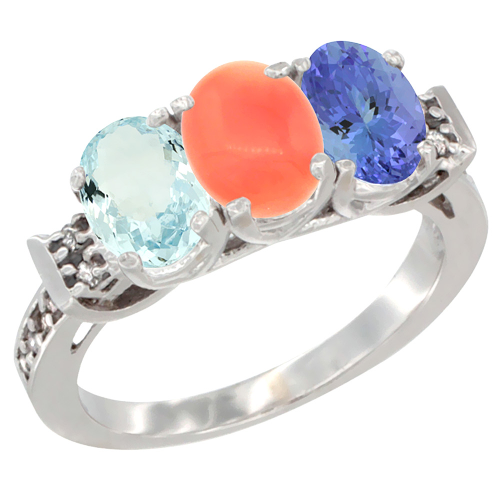 14K White Gold Natural Aquamarine, Coral &amp; Tanzanite Ring 3-Stone Oval 7x5 mm Diamond Accent, sizes 5 - 10