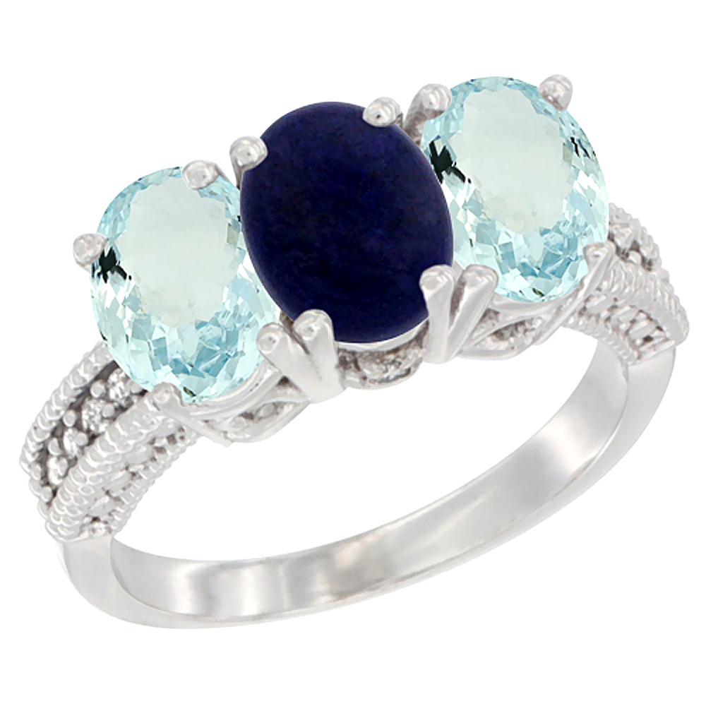 10K White Gold Natural Lapis & Aquamarine Sides Ring 3-Stone Oval 7x5 mm Diamond Accent, sizes 5 - 10