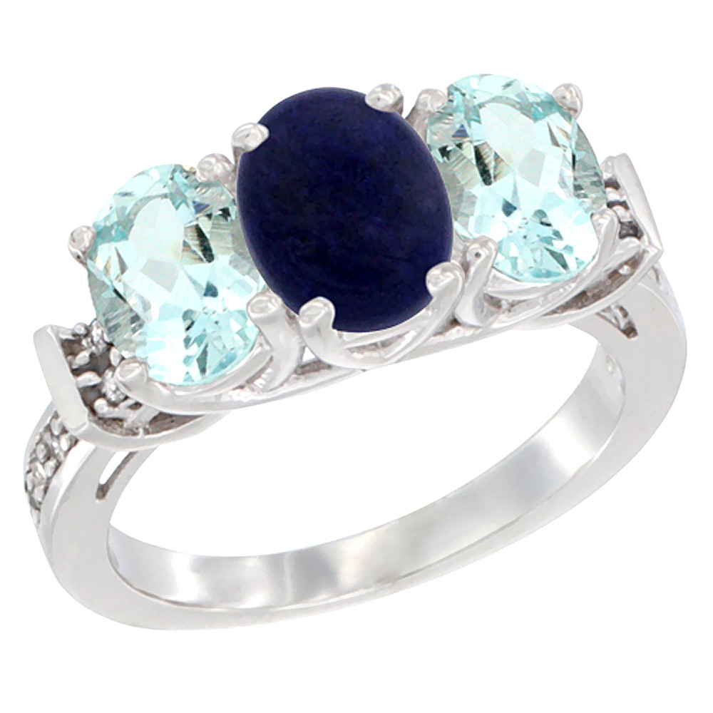 10K White Gold Natural Lapis & Aquamarine Sides Ring 3-Stone Oval Diamond Accent, sizes 5 - 10