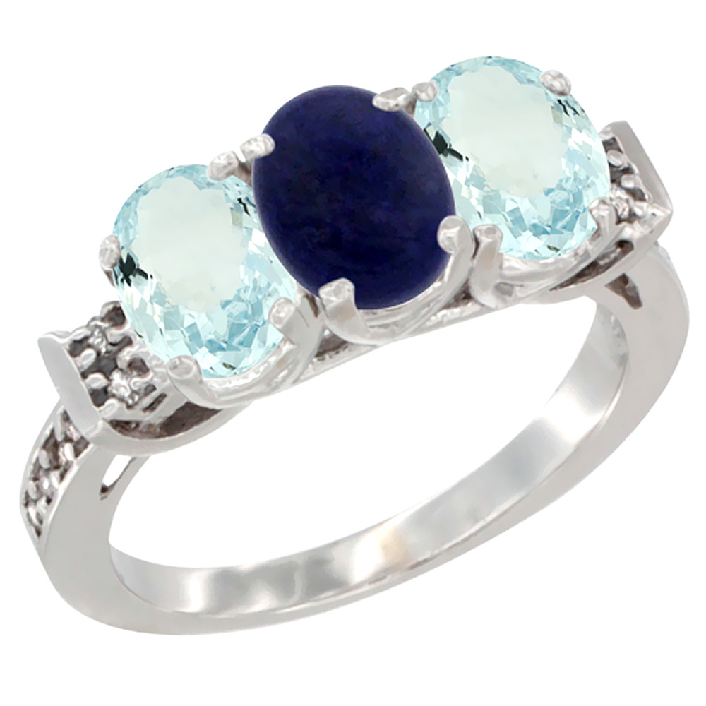 14K White Gold Natural Lapis & Aquamarine Sides Ring 3-Stone Oval 7x5 mm Diamond Accent, sizes 5 - 10