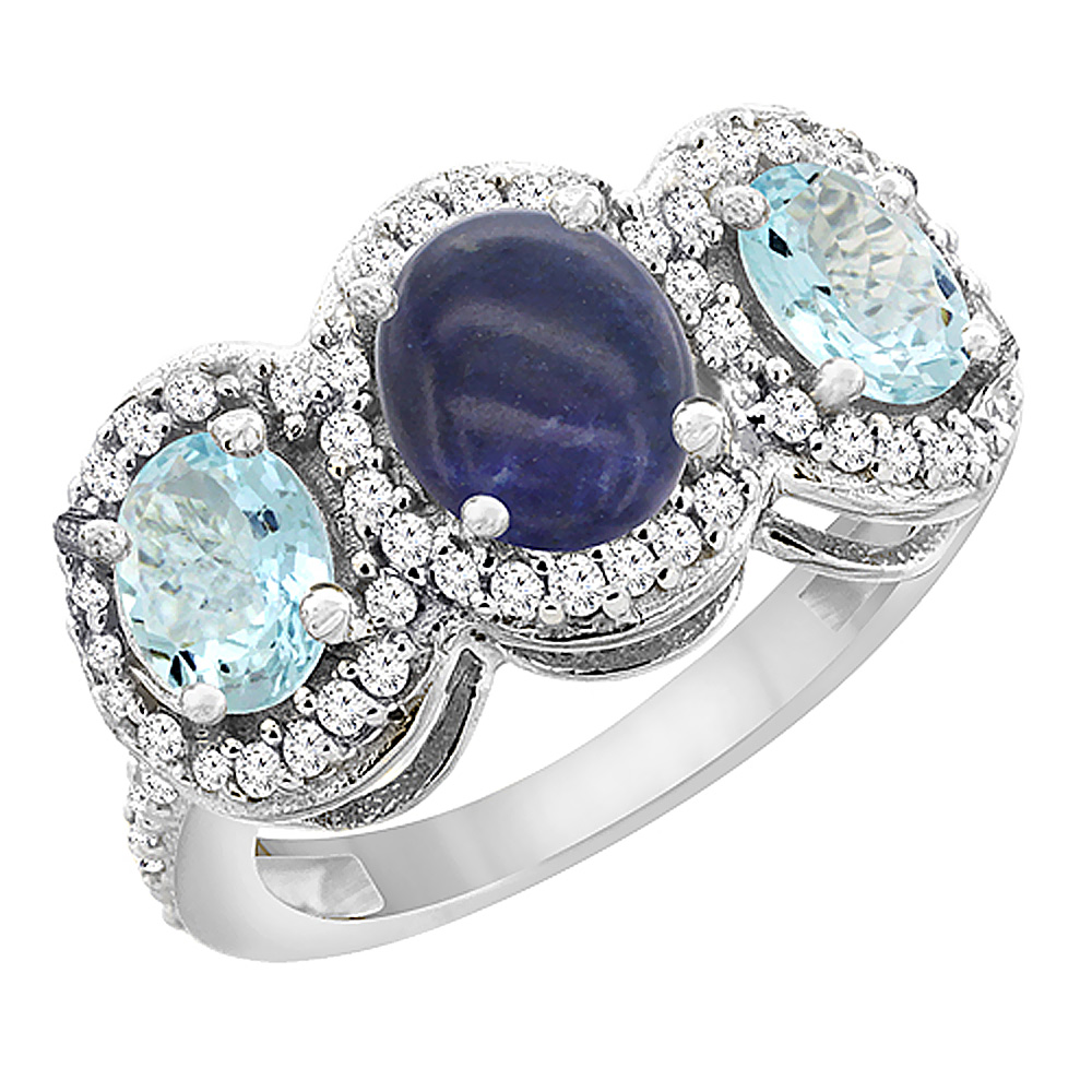 14K White Gold Natural Lapis & Aquamarine 3-Stone Ring Oval Diamond Accent, sizes 5 - 10