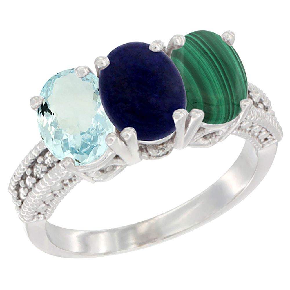 14K White Gold Natural Aquamarine, Lapis & Malachite Ring 3-Stone Oval 7x5 mm Diamond Accent, sizes 5 - 10