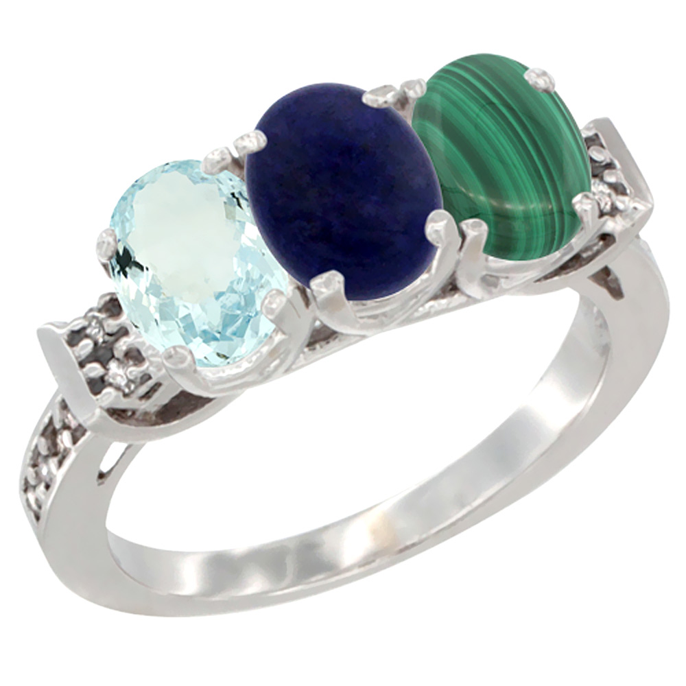 10K White Gold Natural Aquamarine, Lapis & Malachite Ring 3-Stone Oval 7x5 mm Diamond Accent, sizes 5 - 10