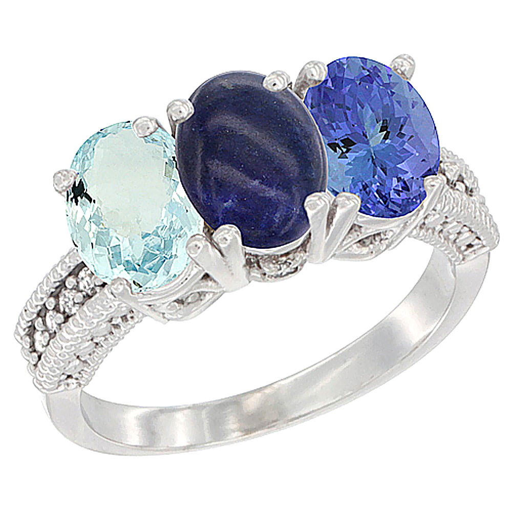 14K White Gold Natural Aquamarine, Lapis &amp; Tanzanite Ring 3-Stone Oval 7x5 mm Diamond Accent, sizes 5 - 10