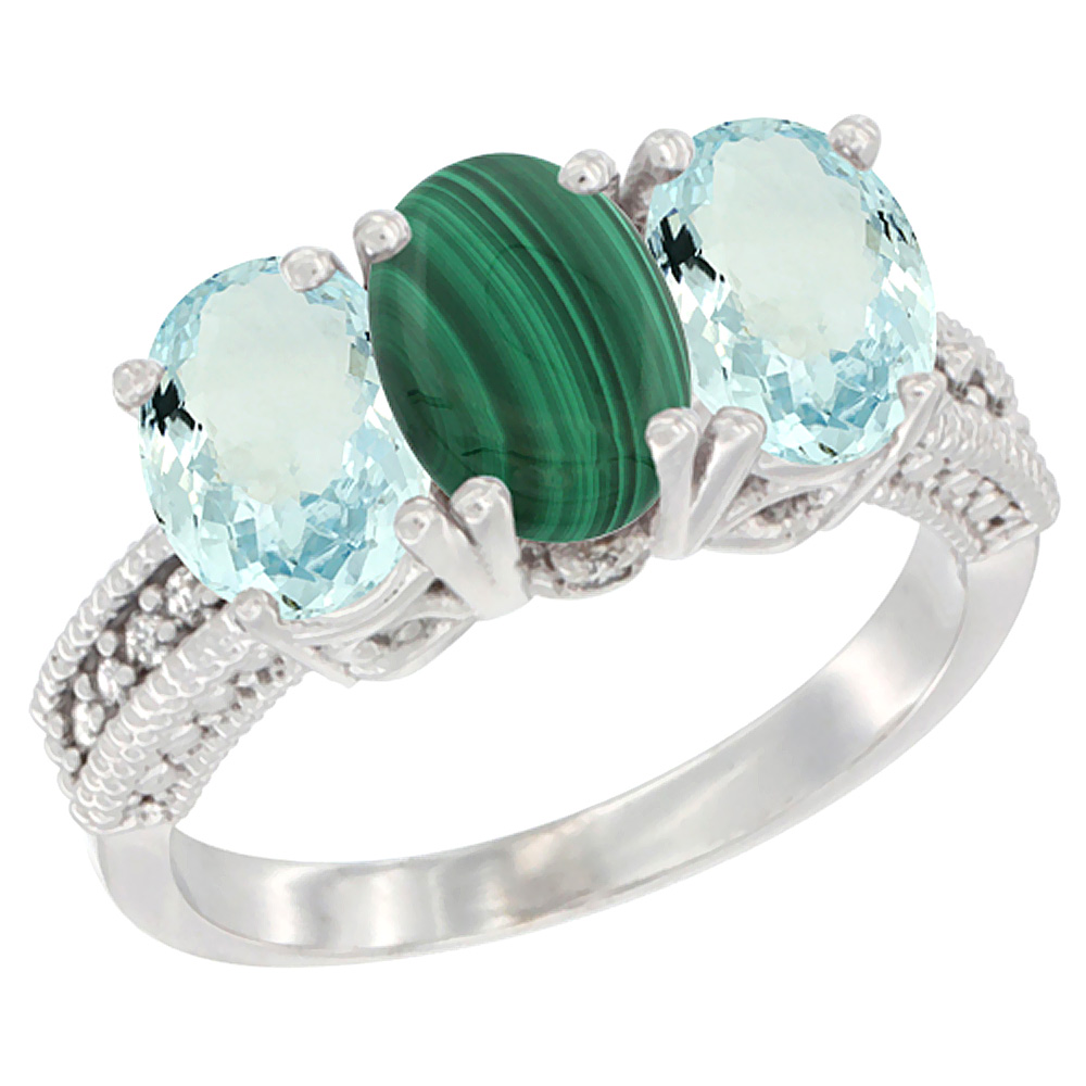 10K White Gold Natural Malachite &amp; Aquamarine Sides Ring 3-Stone Oval 7x5 mm Diamond Accent, sizes 5 - 10