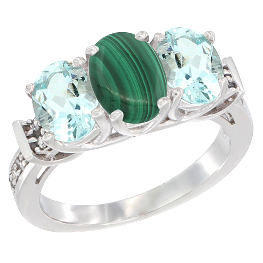 14K White Gold Natural Malachite & Aquamarine Sides Ring 3-Stone Oval Diamond Accent, sizes 5 - 10