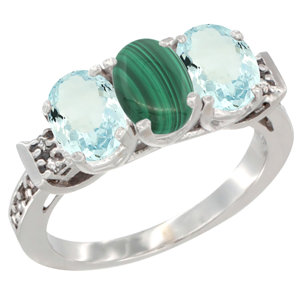 10K White Gold Natural Malachite & Aquamarine Sides Ring 3-Stone Oval 7x5 mm Diamond Accent, sizes 5 - 10