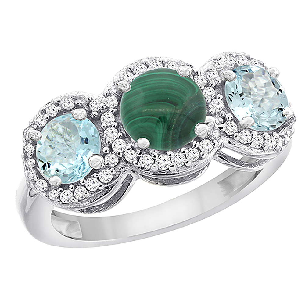 10K White Gold Natural Malachite & Aquamarine Sides Round 3-stone Ring Diamond Accents, sizes 5 - 10