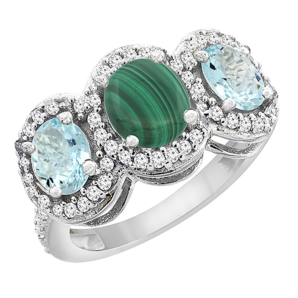 14K White Gold Natural Malachite & Aquamarine 3-Stone Ring Oval Diamond Accent, sizes 5 - 10