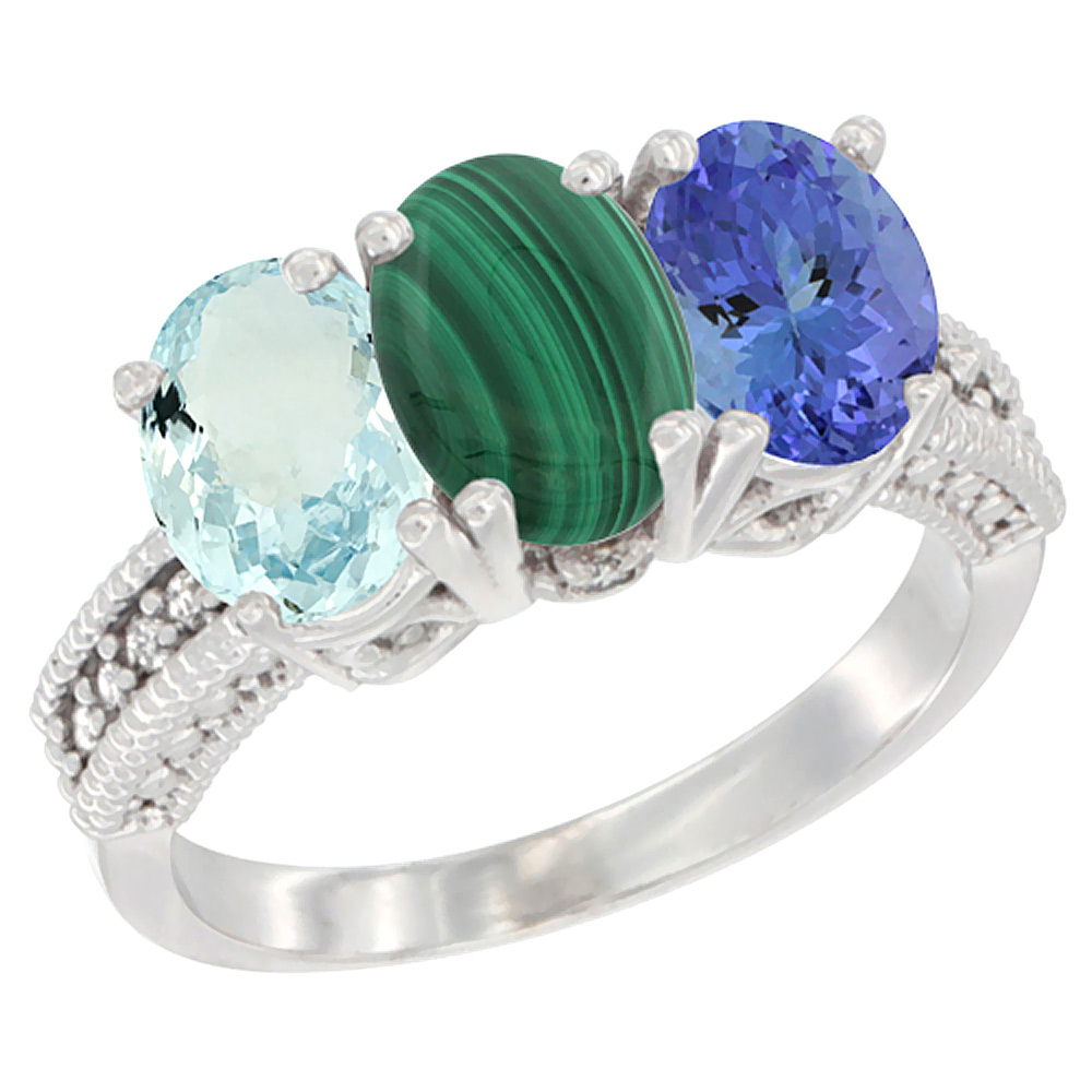 10K White Gold Natural Aquamarine, Malachite &amp; Tanzanite Ring 3-Stone Oval 7x5 mm Diamond Accent, sizes 5 - 10