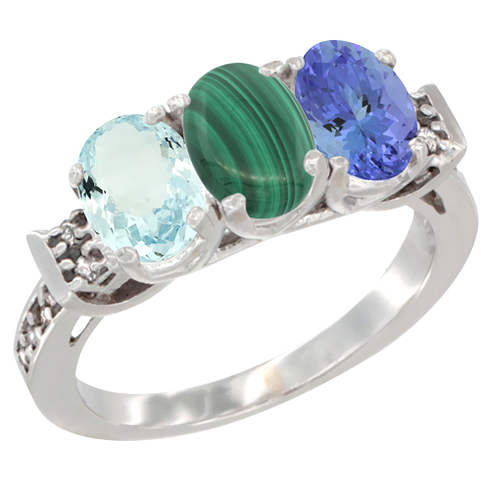 10K White Gold Natural Aquamarine, Malachite &amp; Tanzanite Ring 3-Stone Oval 7x5 mm Diamond Accent, sizes 5 - 10