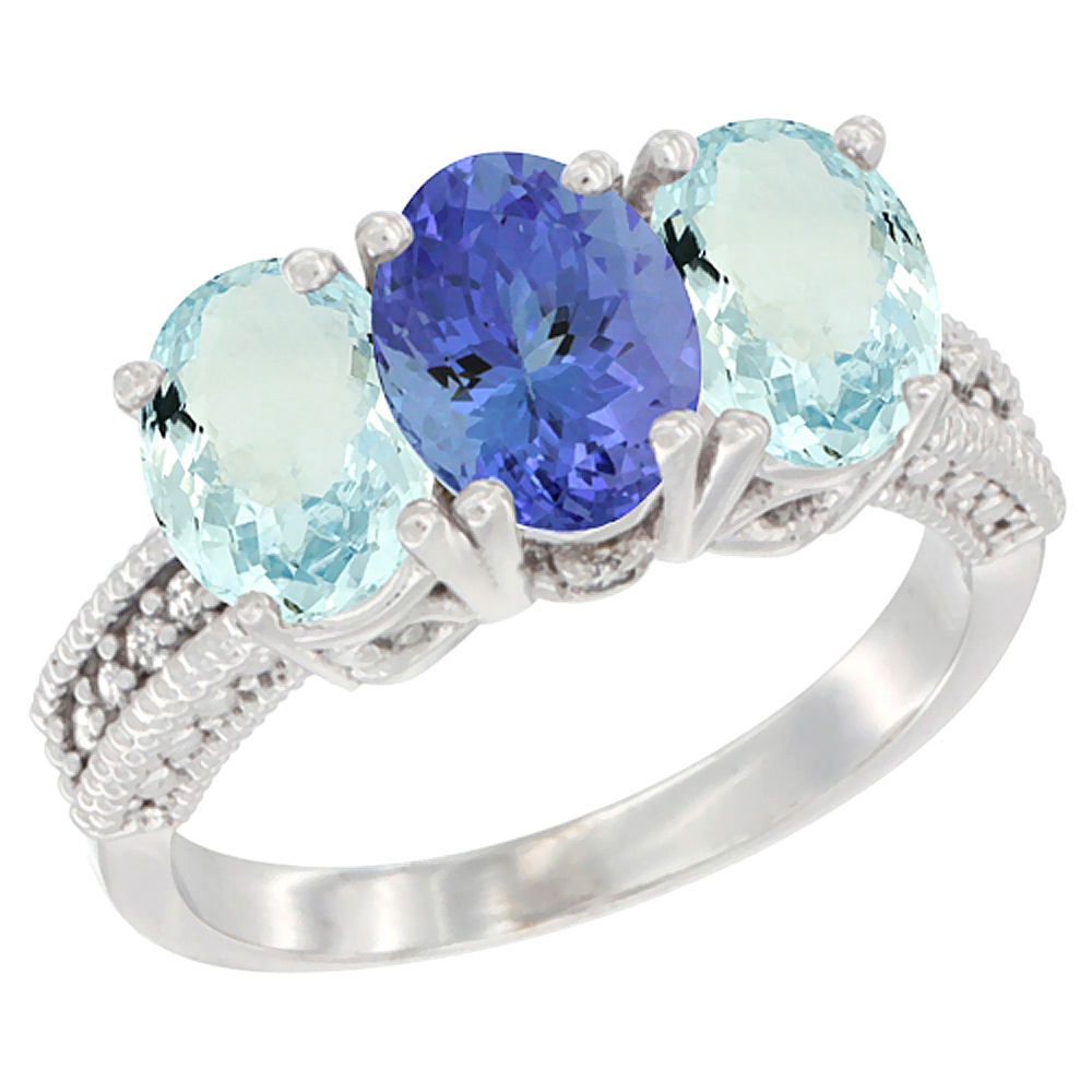 14K White Gold Natural Tanzanite &amp; Aquamarine Sides Ring 3-Stone Oval 7x5 mm Diamond Accent, sizes 5 - 10