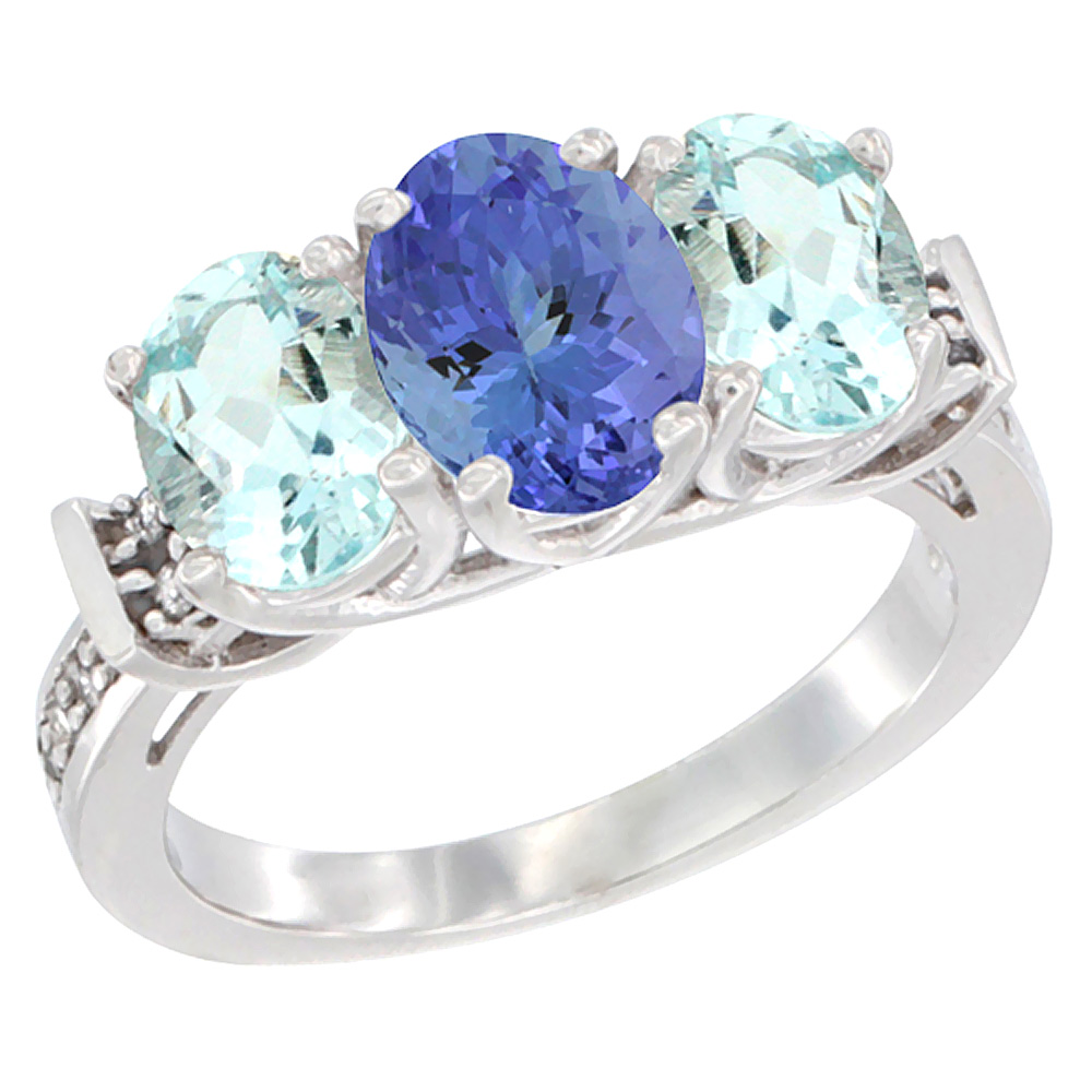 14K White Gold Natural Tanzanite &amp; Aquamarine Sides Ring 3-Stone Oval Diamond Accent, sizes 5 - 10