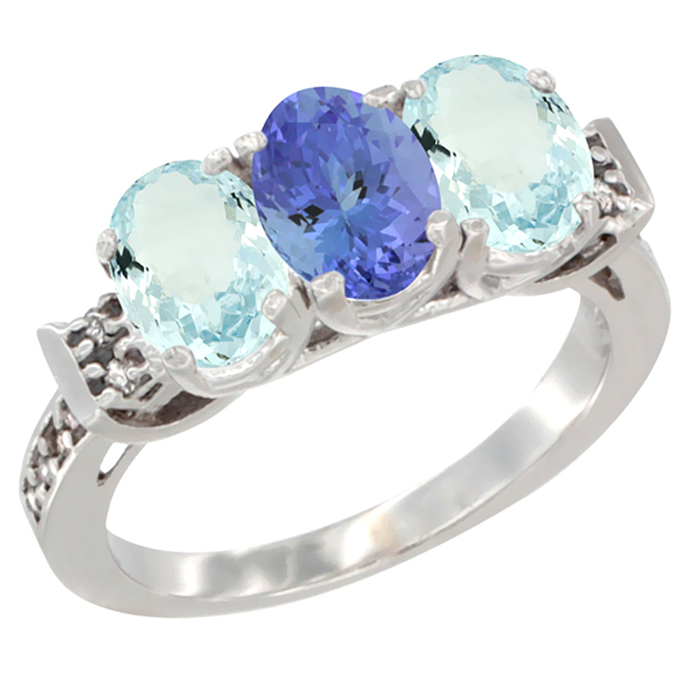 14K White Gold Natural Tanzanite &amp; Aquamarine Sides Ring 3-Stone Oval 7x5 mm Diamond Accent, sizes 5 - 10