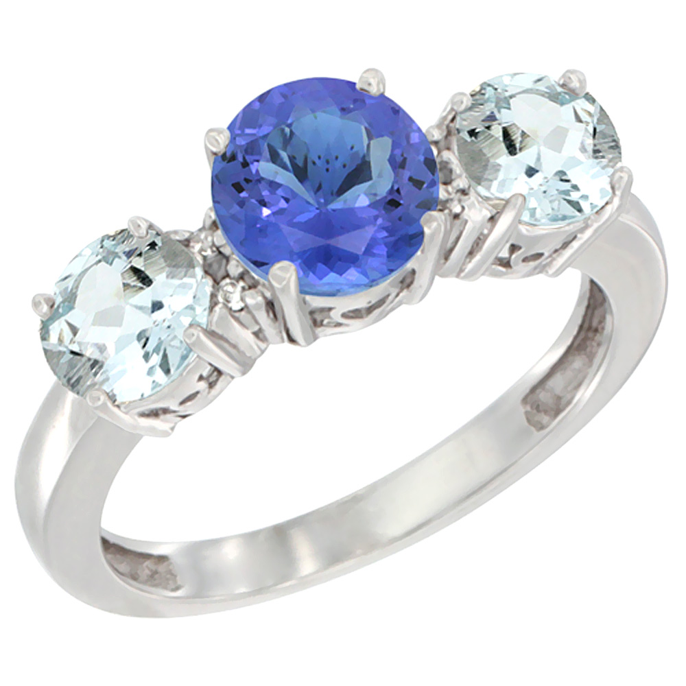 14K White Gold Round 3-Stone Natural Tanzanite Ring &amp; Aquamarine Sides Diamond Accent, sizes 5 - 10