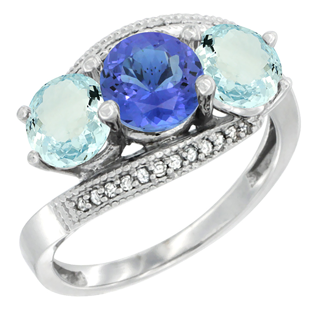 14K White Gold Natural Tanzanite &amp; Aquamarine Sides 3 stone Ring Round 6mm Diamond Accent, sizes 5 - 10