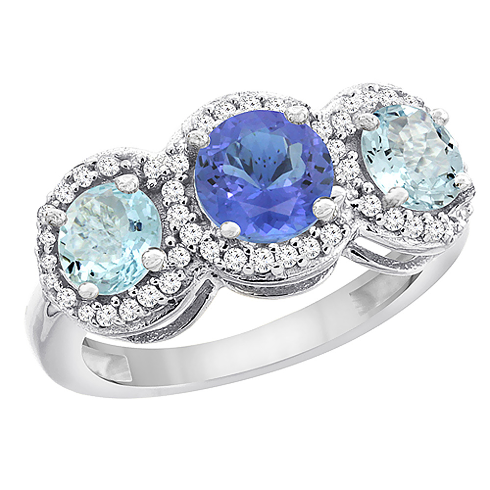 10K White Gold Natural Tanzanite & Aquamarine Sides Round 3-stone Ring Diamond Accents, sizes 5 - 10