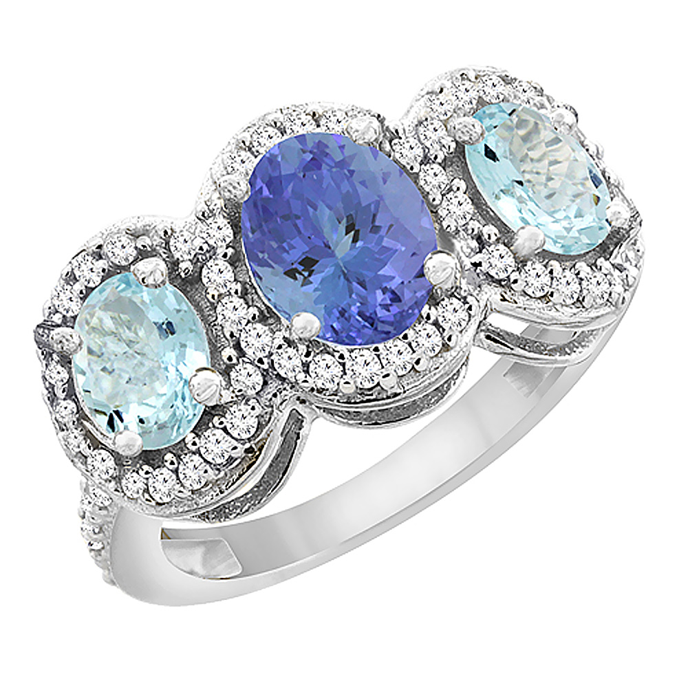 14K White Gold Natural Tanzanite & Aquamarine 3-Stone Ring Oval Diamond Accent, sizes 5 - 10