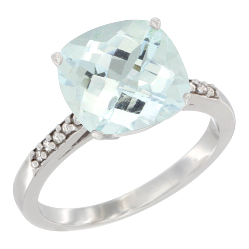 10K Yellow Gold Natural Aquamarine Ring Cushion-cut 9 mm Diamond accent, sizes 5 - 10