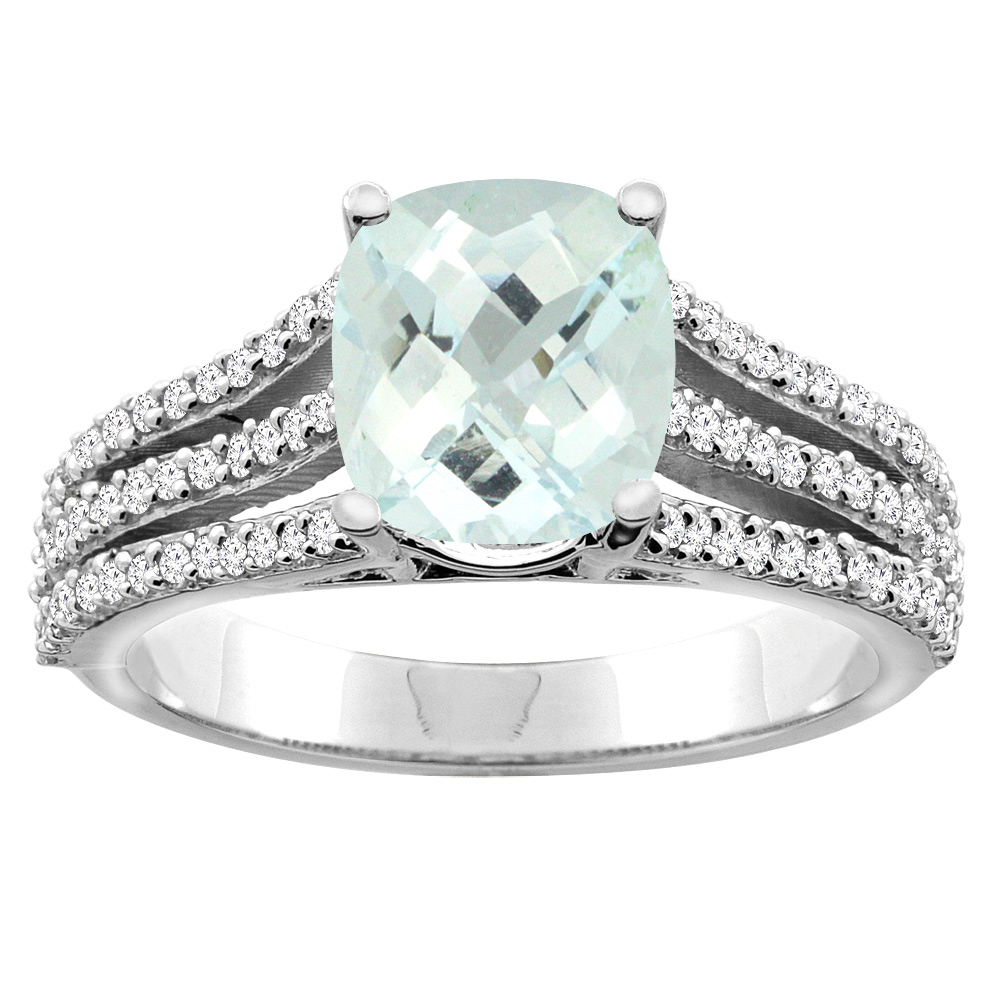 14K Yellow Gold Diamond Natural Aquamarine Tri-split Ring Cushion-cut 8x6mm, sizes 5 - 10