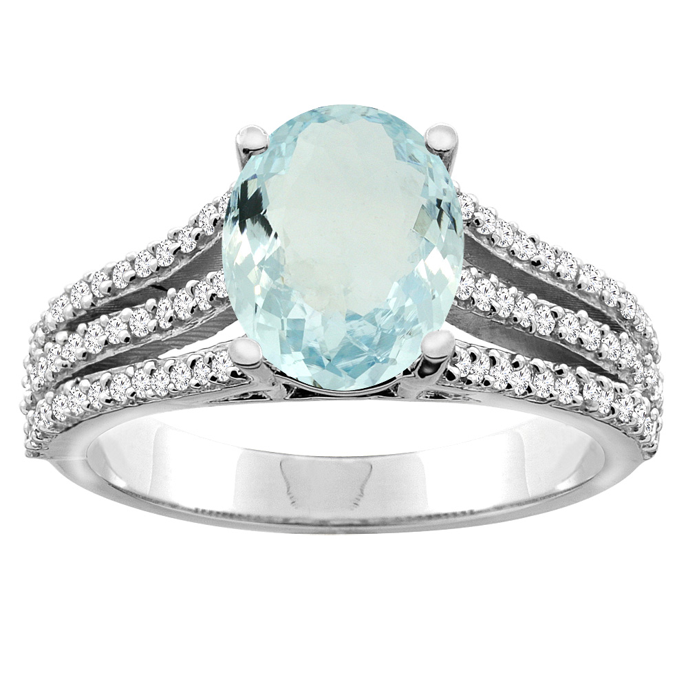 10K White/Yellow Gold Natural Aquamarine Tri-split Ring Oval 9x7mm Diamond Accents, sizes 5 - 10