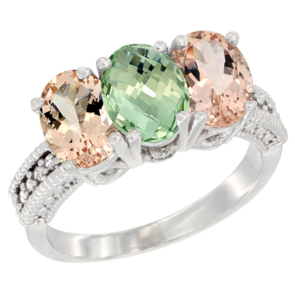 14K White Gold Natural Green Amethyst &amp; Morganite Sides Ring 3-Stone Oval 7x5 mm Diamond Accent, sizes 5 - 10