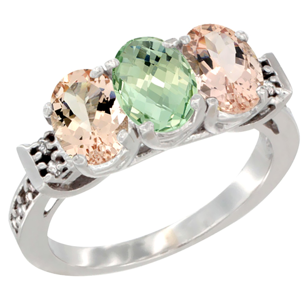 10K White Gold Natural Green Amethyst &amp; Morganite Sides Ring 3-Stone Oval 7x5 mm Diamond Accent, sizes 5 - 10