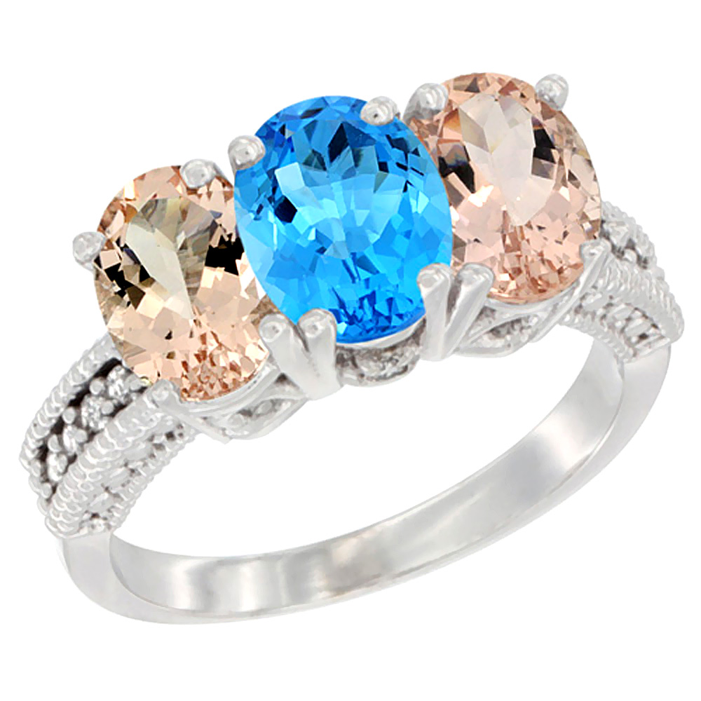 14K White Gold Natural Swiss Blue Topaz &amp; Morganite Sides Ring 3-Stone Oval 7x5 mm Diamond Accent, sizes 5 - 10